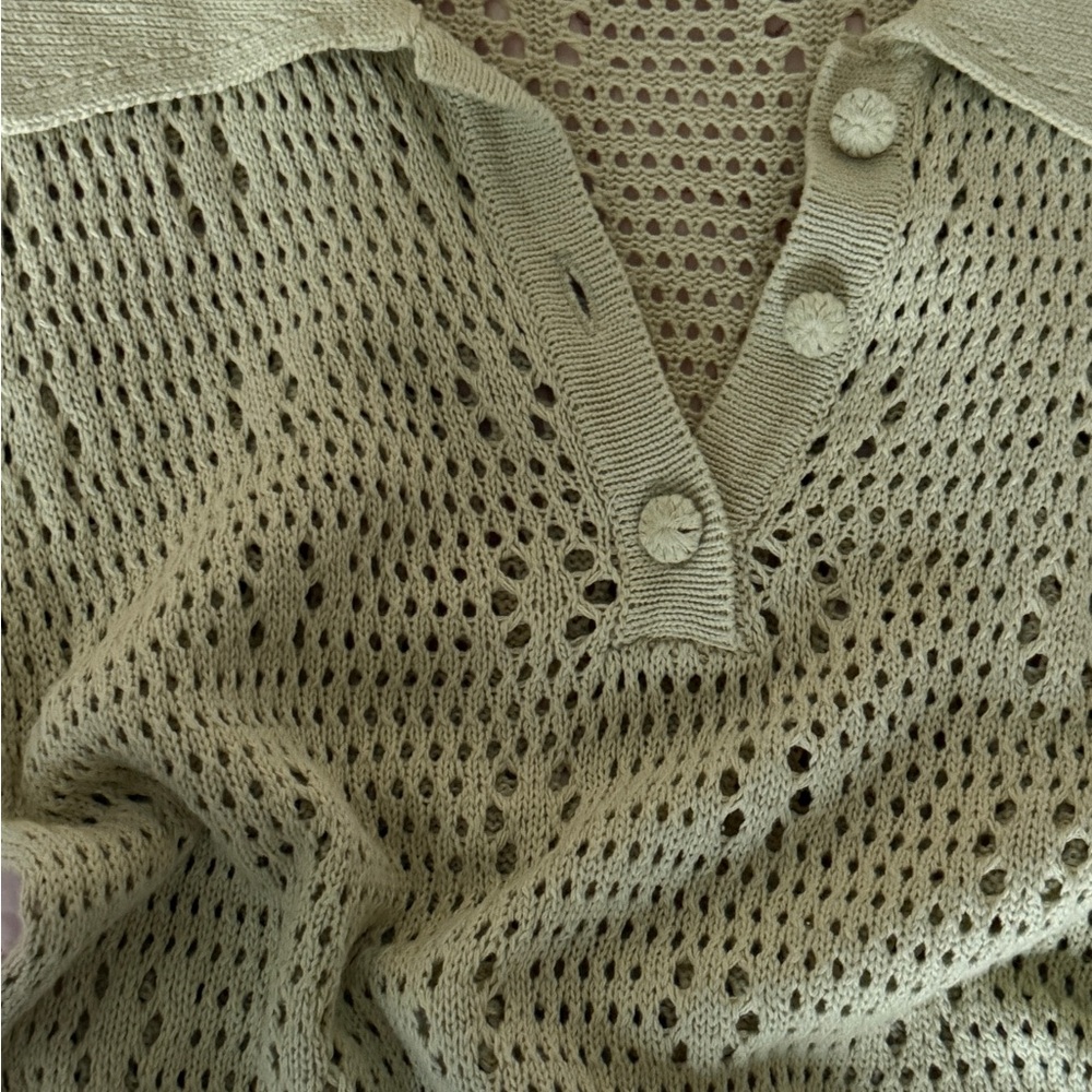 Mango Open-Knit V-Neck Button Sweater Dress in Light Olive